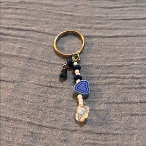 Handmade Gold and Blue Beaded Keychain with Heart Charm